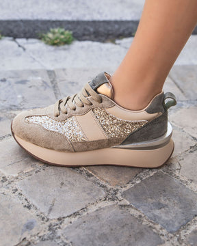 Basket femme beige et dorée à lacets - Lily - Casualmode.fr