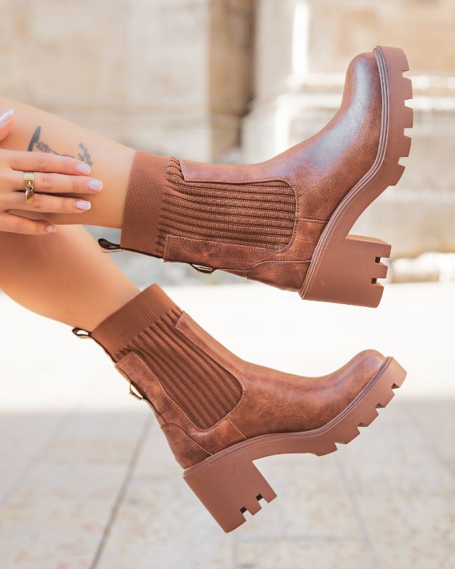 Bottines femme camel chaussettes à talon - Cindy - Casual Mode